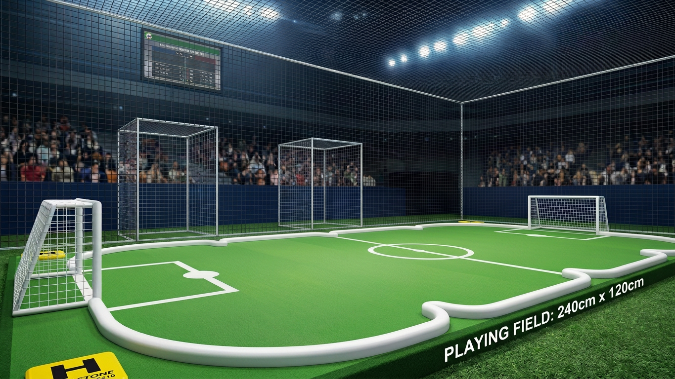 Four racing drones in blue, red, and yellow playing soccer on a mini soccer field controlled by two players with VR headsets